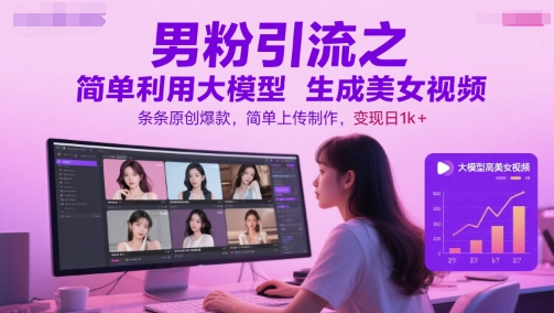 男粉引流之简单利用大模型生成美女视频，条条原创爆款，简单上传制作，变现日1k+-墨月宝藏铺