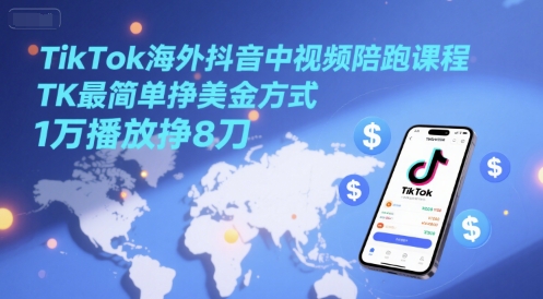 TikTok海外抖音中视频陪跑课程，TK最简单挣美金方式，1万播放挣8刀-墨月宝藏铺